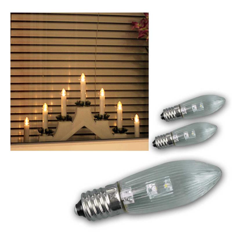 E10 LED Riffelkerze, 10–55V AC, 360°, warmweiß, 3er Set
