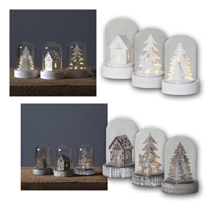 LED Glaskuppel "Kupol", Holzsockel, Batteriebetrieb, 3er Set