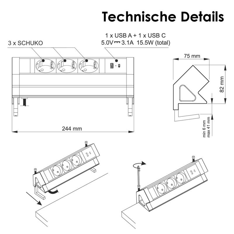 Tischsteckdose "DESKBOX", Aufbau-Steckdose 3-fach, 2x USB