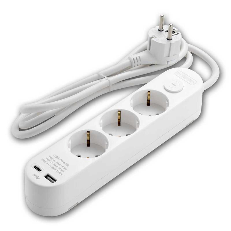 3-fach Mehrfachsteckdose mit USB-A & USB-C, Schalter & Kabel