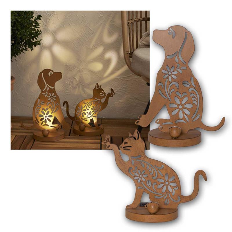 LED Solarleuchte Hund & Katze aus Metall mit Edelrost, IP44