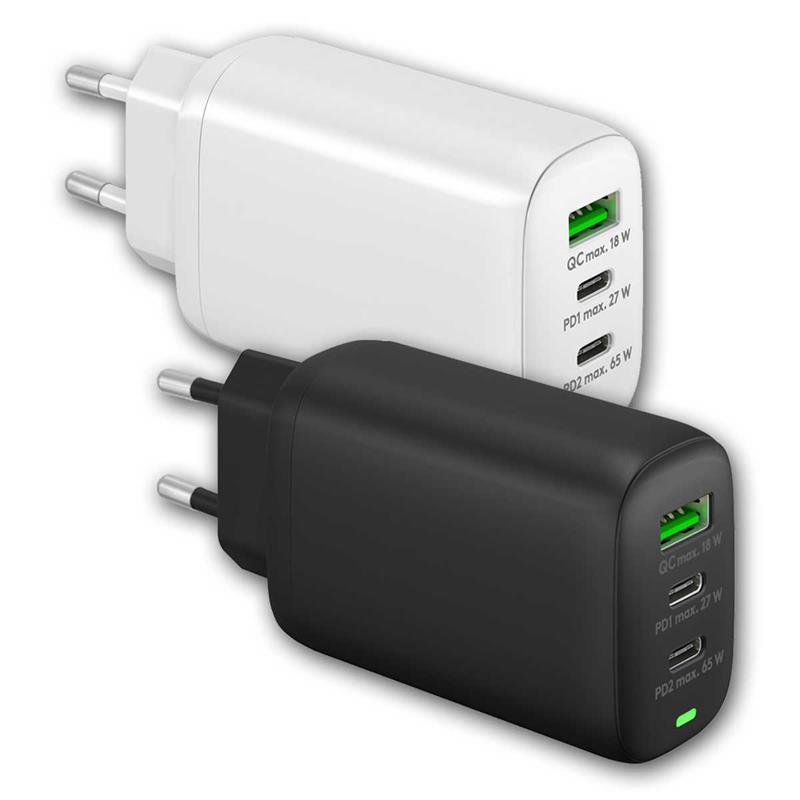 Schnell-Ladegerät mit 1x USB A & 2x USB-C, Zwischenstecker