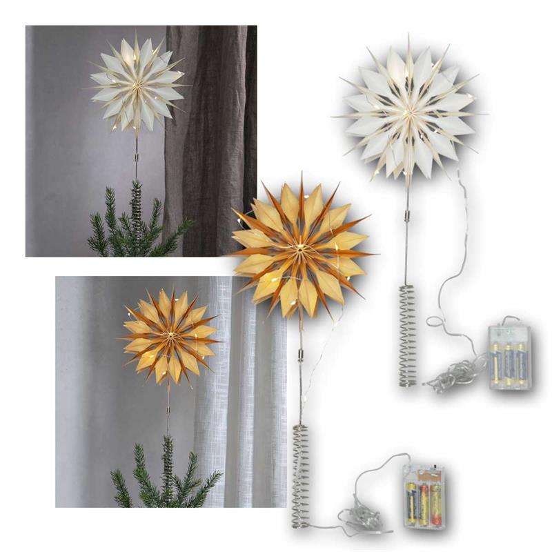 LED Baumspitze „Flinga“, Papierstern, warmweiße LEDs, Timer