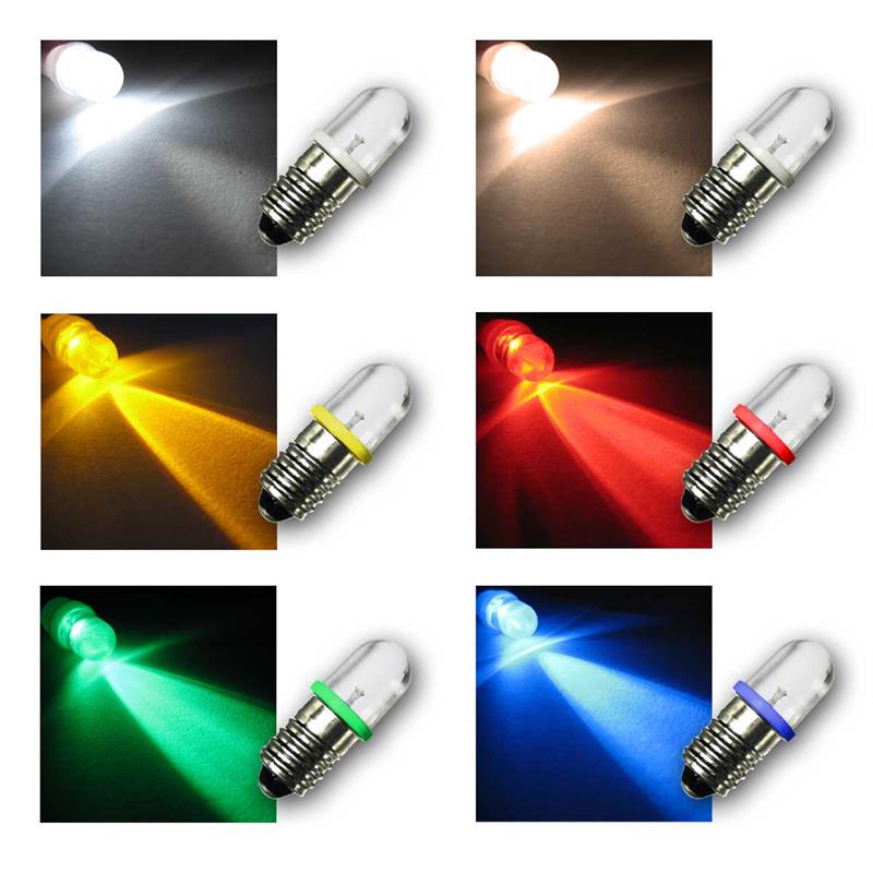 E10 LED Leuchtmittel 12V DC, Schraubsockel Birne, 6 Farben