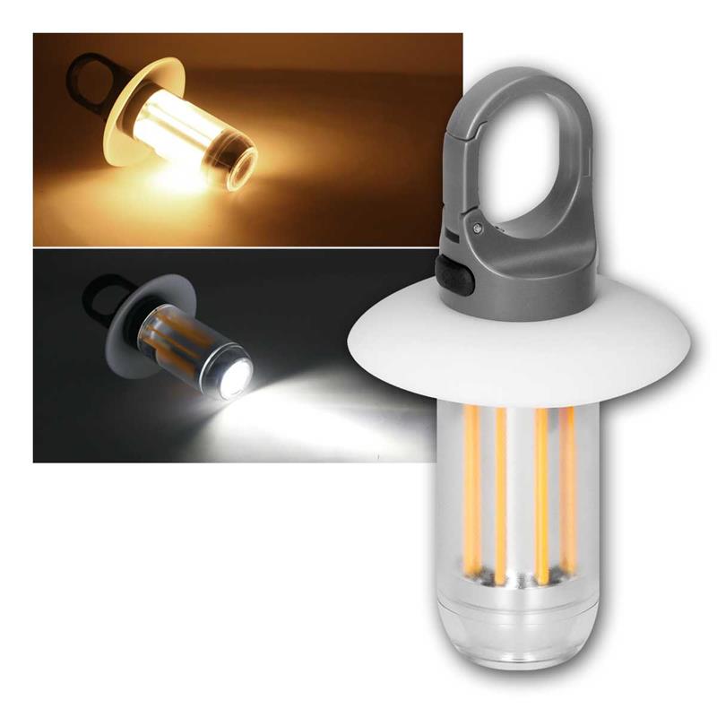 LED Campinglampe, Akku & Karabiner, 2 Leuchtfarben, 5 Modis
