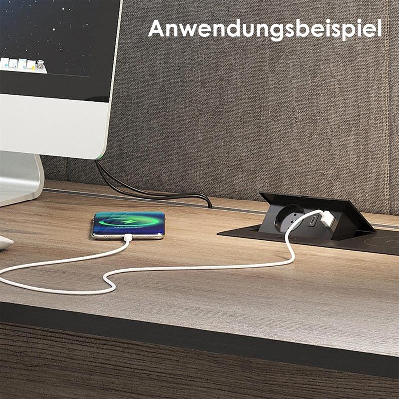 Tisch-Einbausteckdose, 1x USB-A & USB-C, Wireless Charger
