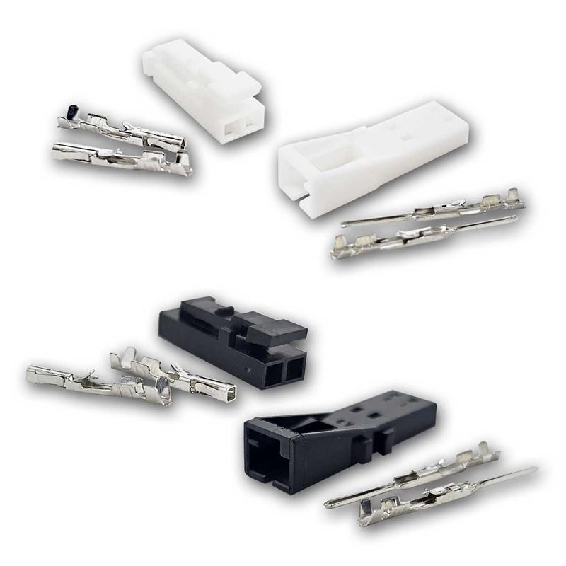 2-polige Mini Steckverbinder, weiß / schwarz, Crimpkontakte 2-polige Mini Steckverbinder, weiß / schwarz, Crimpkontakte