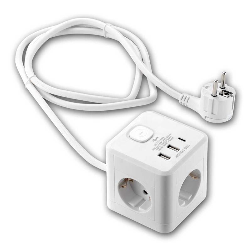 3-fach Steckdosenwürfel "BW-64", 2x USB-A, 1x USB-C PD 20W