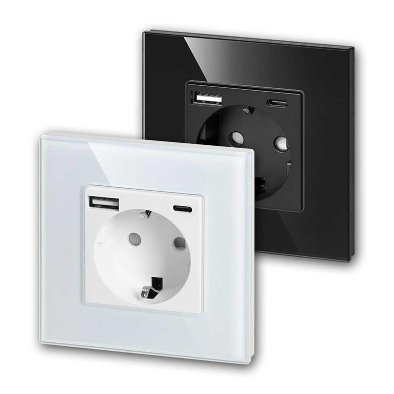 Schutzkontakt-Wandsteckdose, USB-A/C, stilvoller Glasrahmen