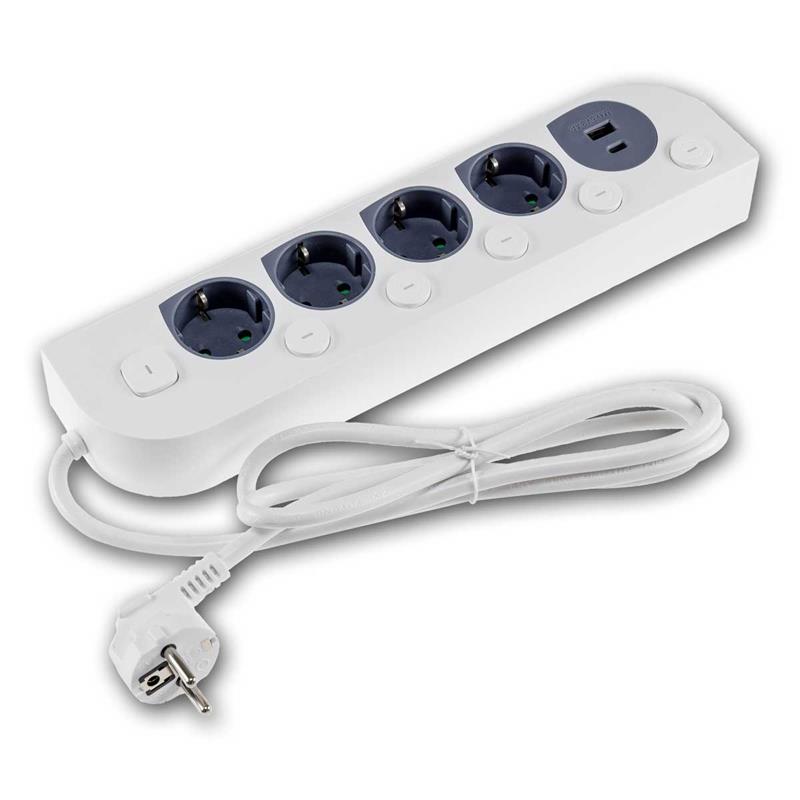 4-fach Steckdose mit USB-A & USB-C, Schalter, Anschlusskabel