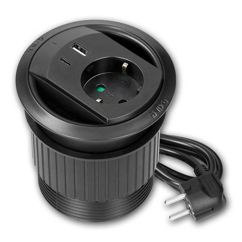 Einbausteckdose mit Kabeldurchführung, USB-A & C, 1,4m Kabel