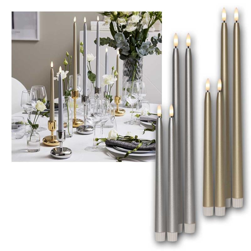 LED Tafelkerzen "FLAMME METAL", Metall-Optik, Timer, 2er Set