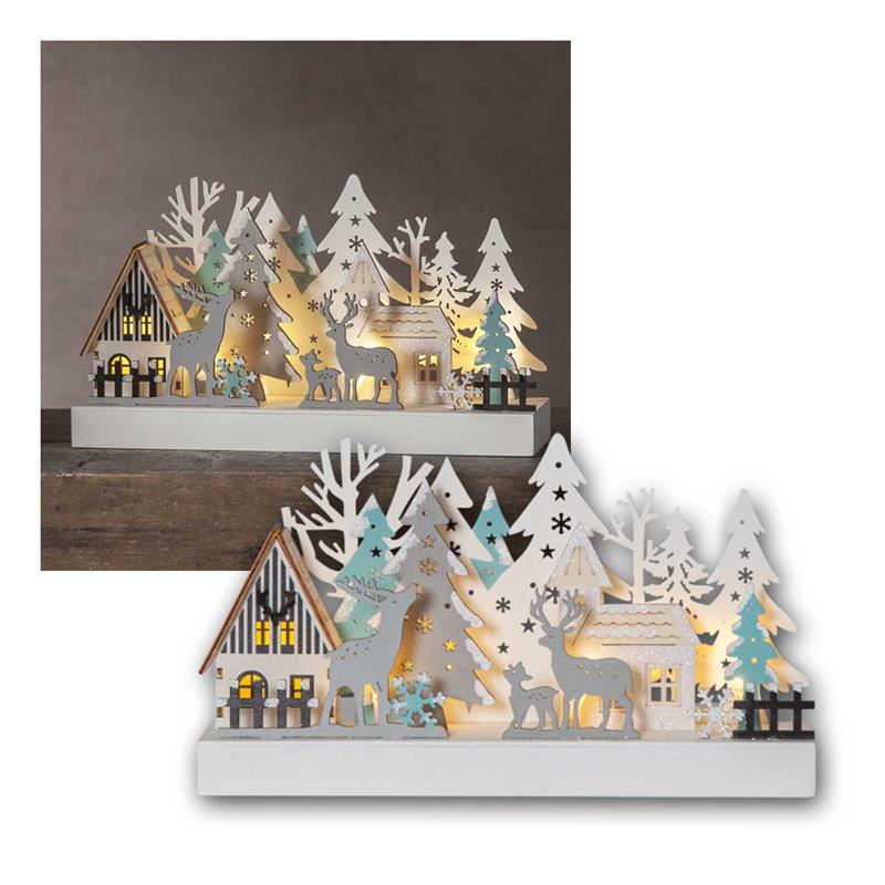 LED Dekoleuchter „Reinbek“, Holz, 3D Wintermotiv, Batterie
